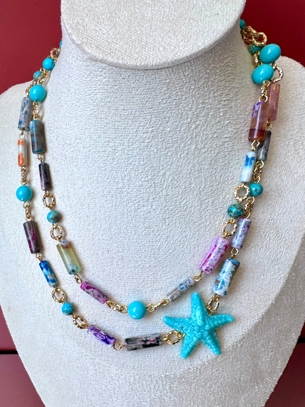 Collana Agata a cannetta multicolore con stella marina in grana di turchese