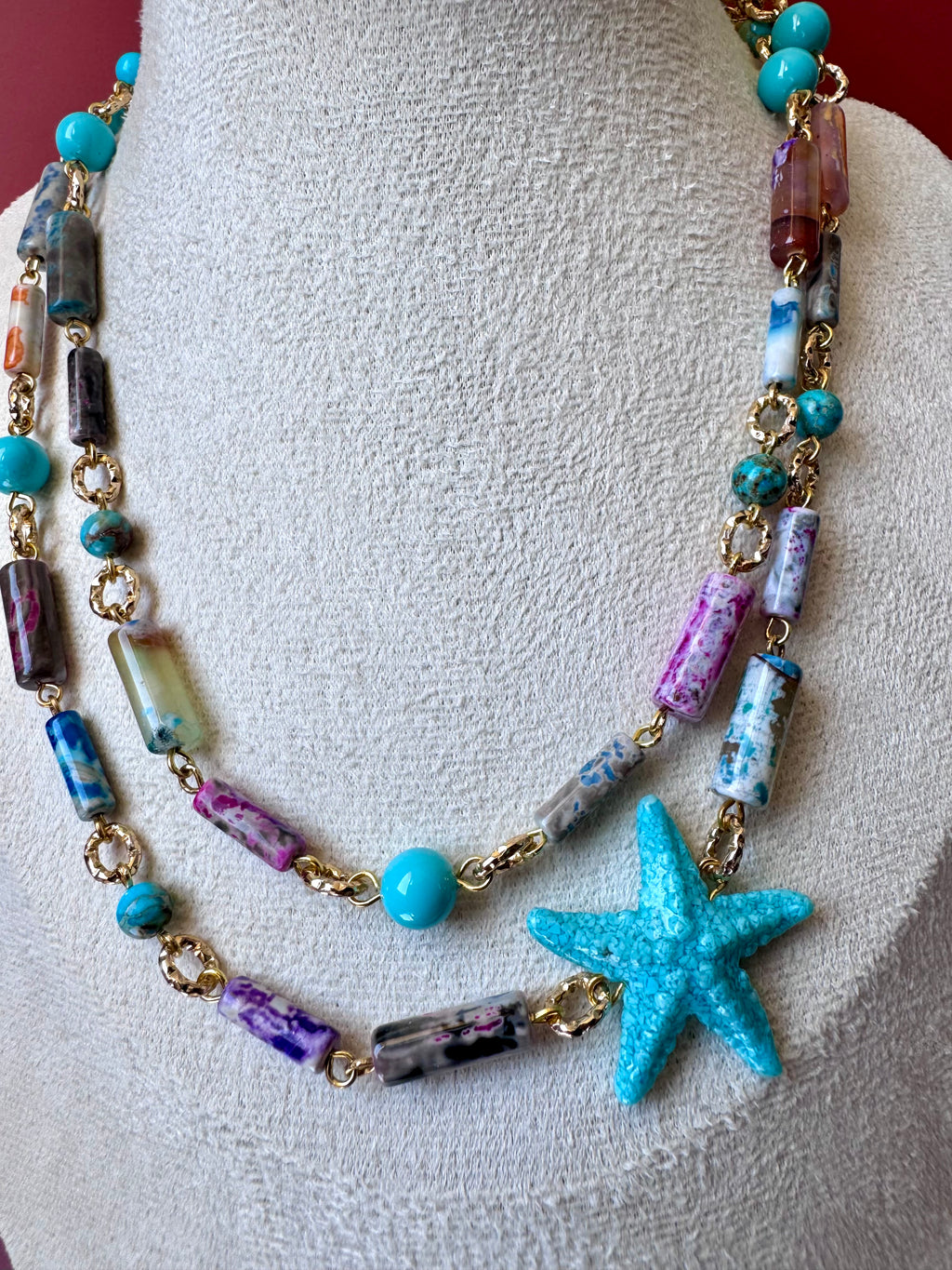 Collana Agata a cannetta multicolore con stella marina in grana di turchese